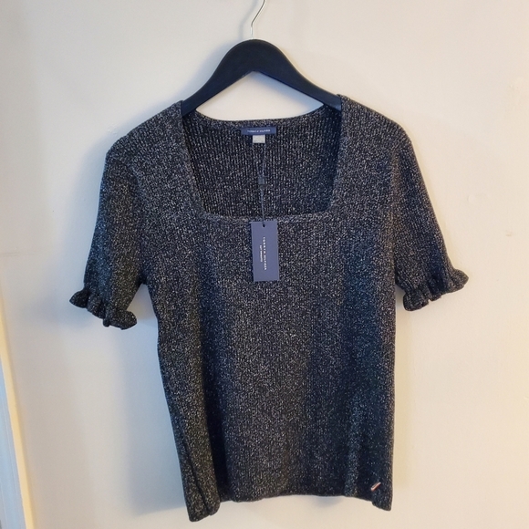 Tommy Hilfiger Womens Black Metalic Sweater M Ruffle Shirtsleeves - Picture 1 of 8